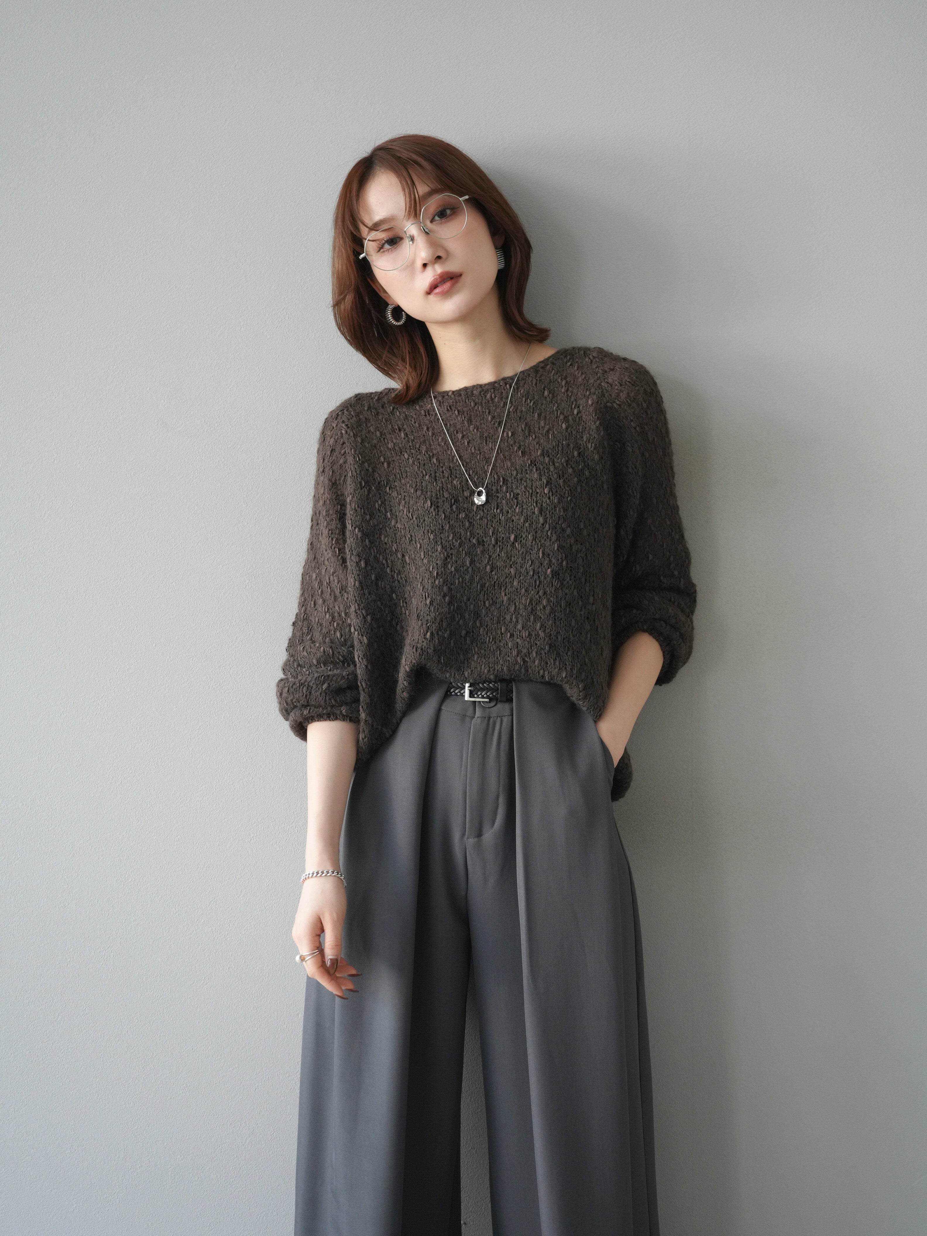 SET]異素材ミックスヤーンニットプルオーバー+ベルトループデザイン