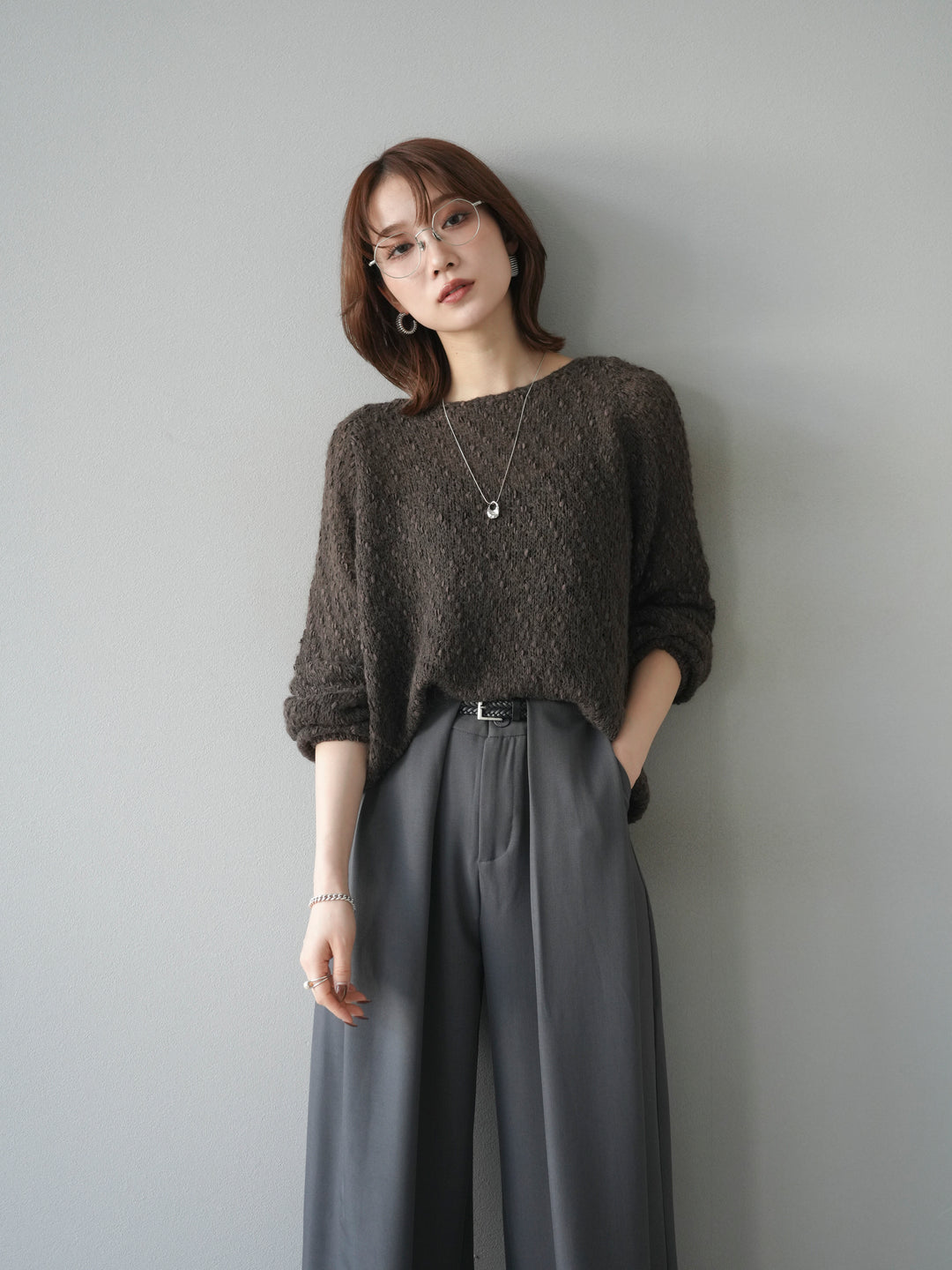 [SET]異素材ミックスヤーンニットプルオーバー+選べるアクセセット(2set)