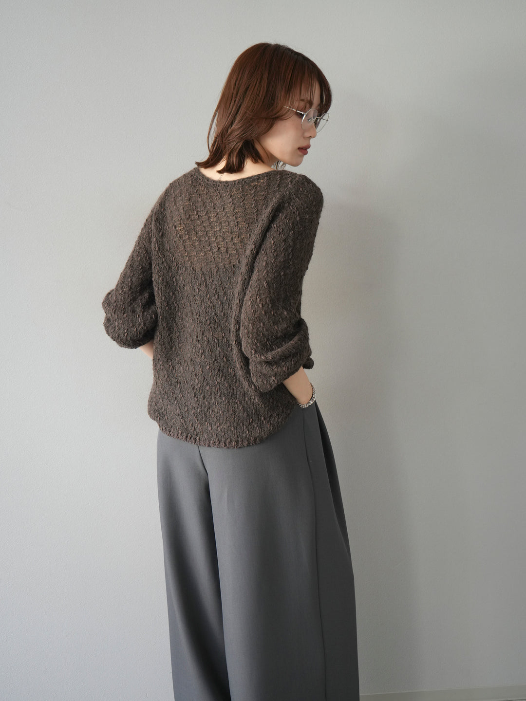 [予約]異素材ミックスヤーンニットプルオーバー/brown