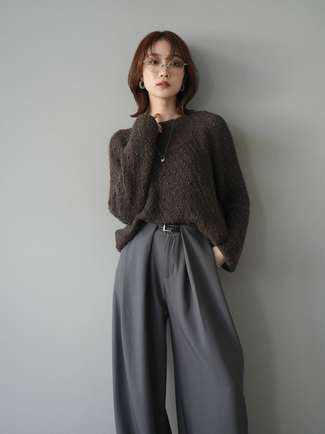 [SET]異素材ミックスヤーンニットプルオーバー+選べるアクセセット(2set)