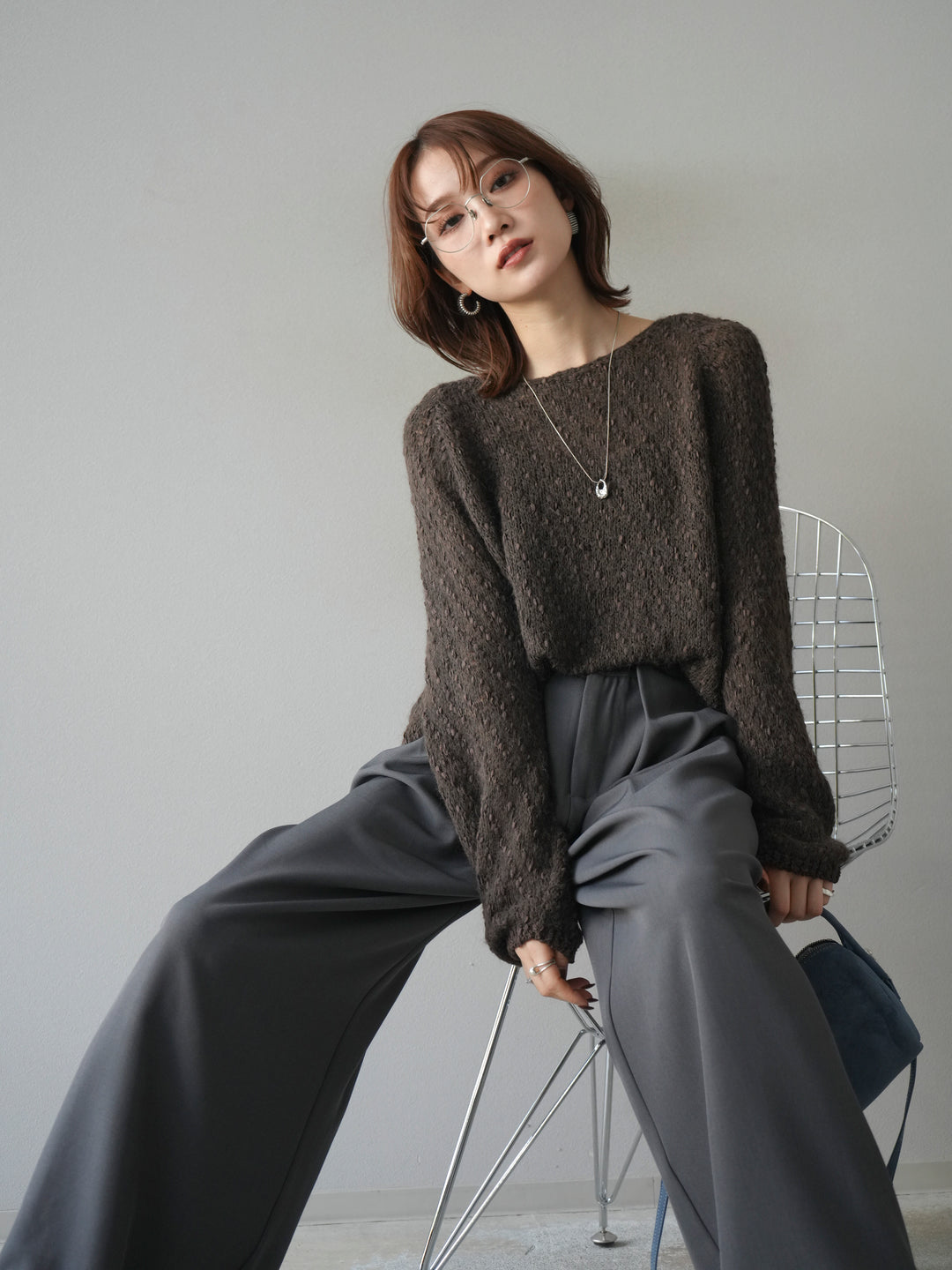 [予約]異素材ミックスヤーンニットプルオーバー/brown