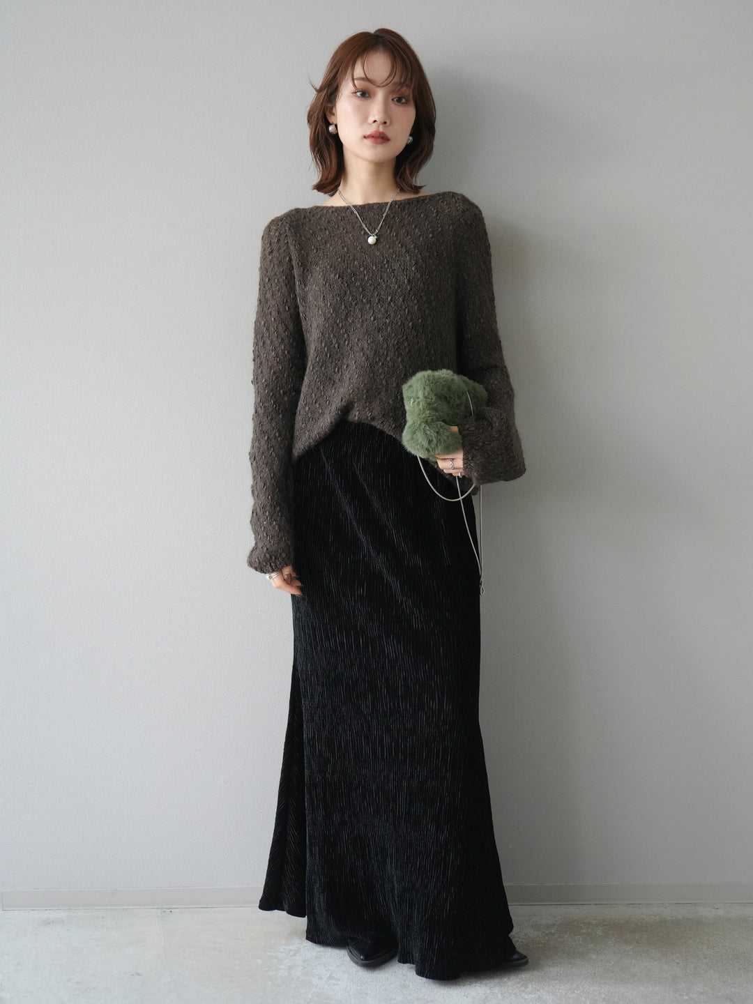 [予約]異素材ミックスヤーンニットプルオーバー/brown