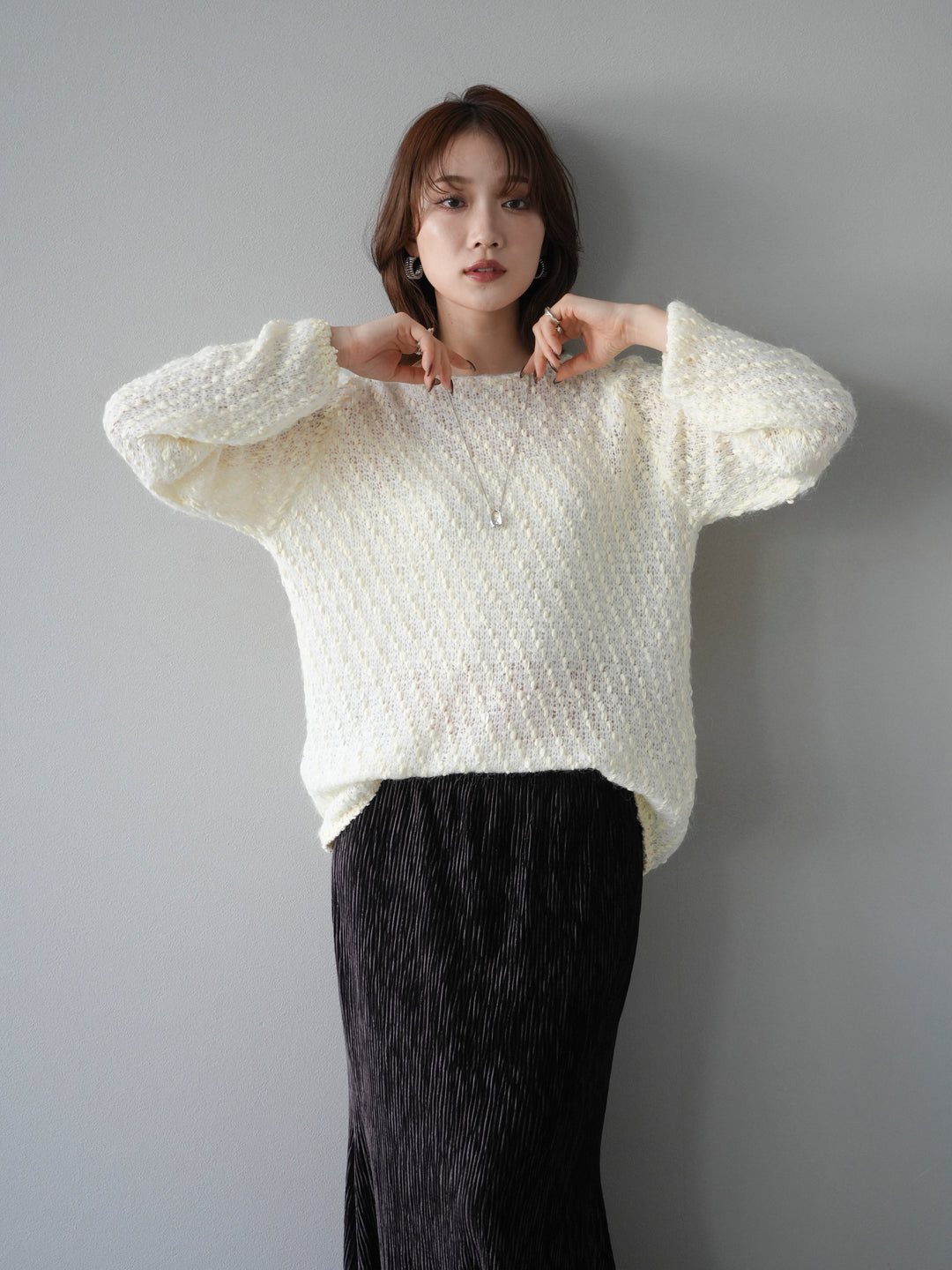 [SET]異素材ミックスヤーンニットプルオーバー+選べるアクセセット(2set)