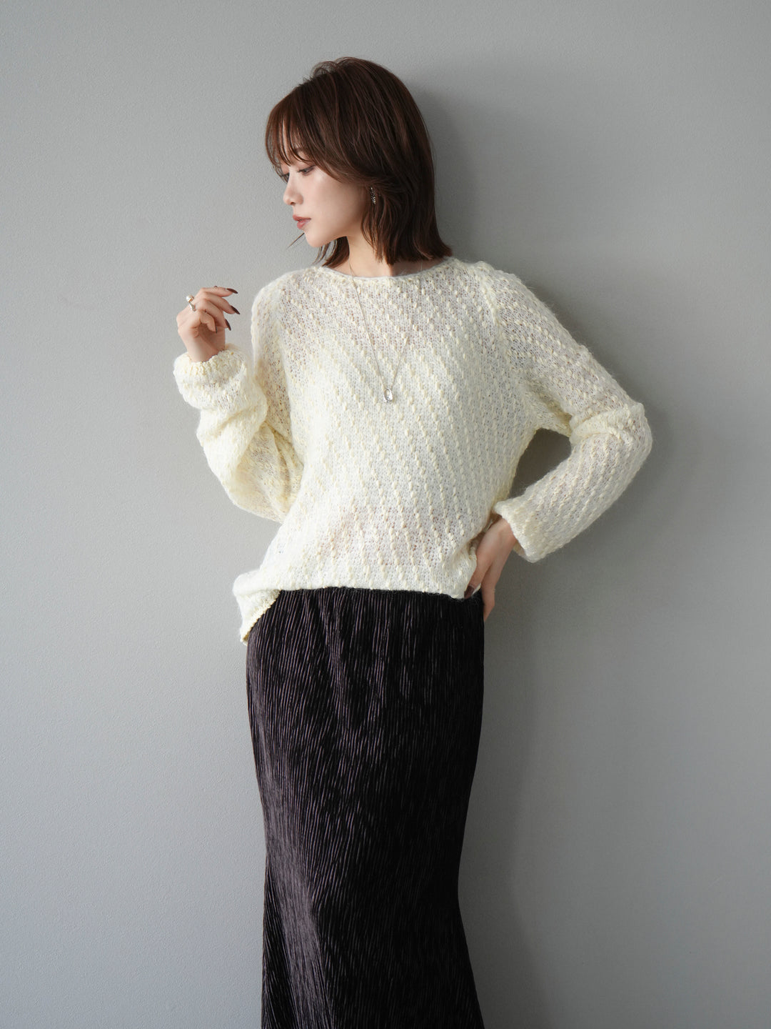 [SET]異素材ミックスヤーンニットプルオーバー+選べるアクセセット(2set)