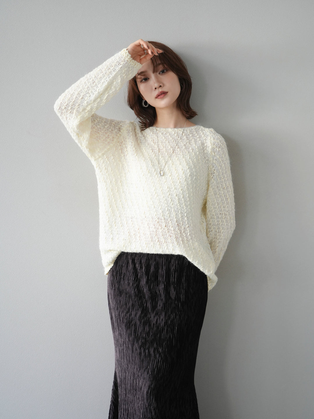 [SET]異素材ミックスヤーンニットプルオーバー+選べるアクセセット(2set)