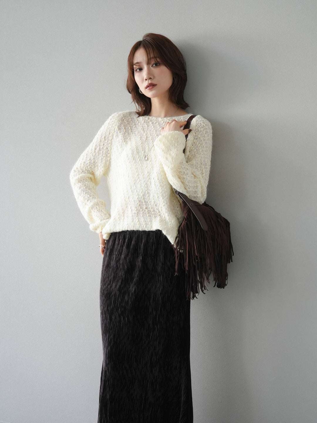 [SET]異素材ミックスヤーンニットプルオーバー+選べるアクセセット(2set)