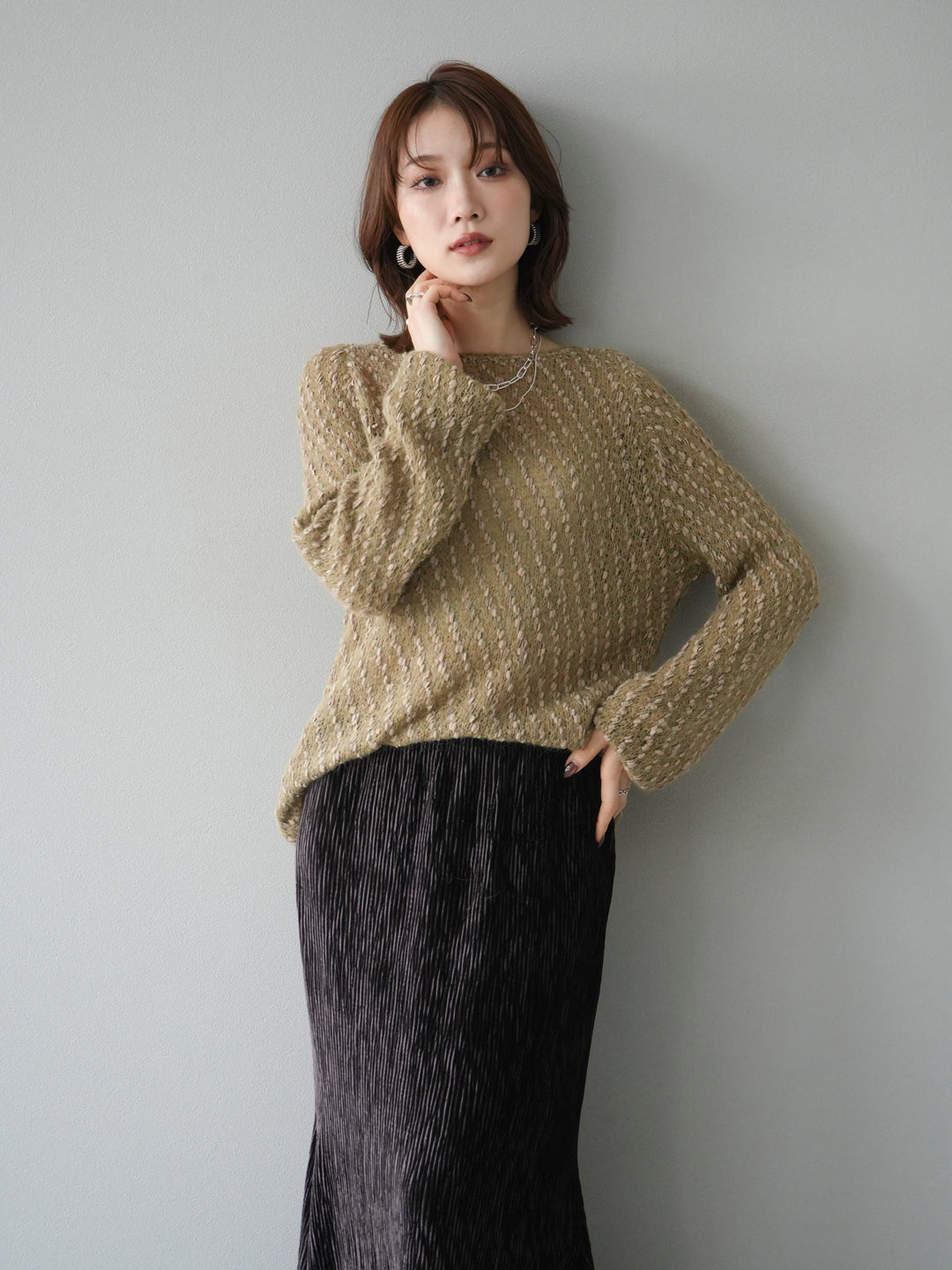 [予約]異素材ミックスヤーンニットプルオーバー/beige