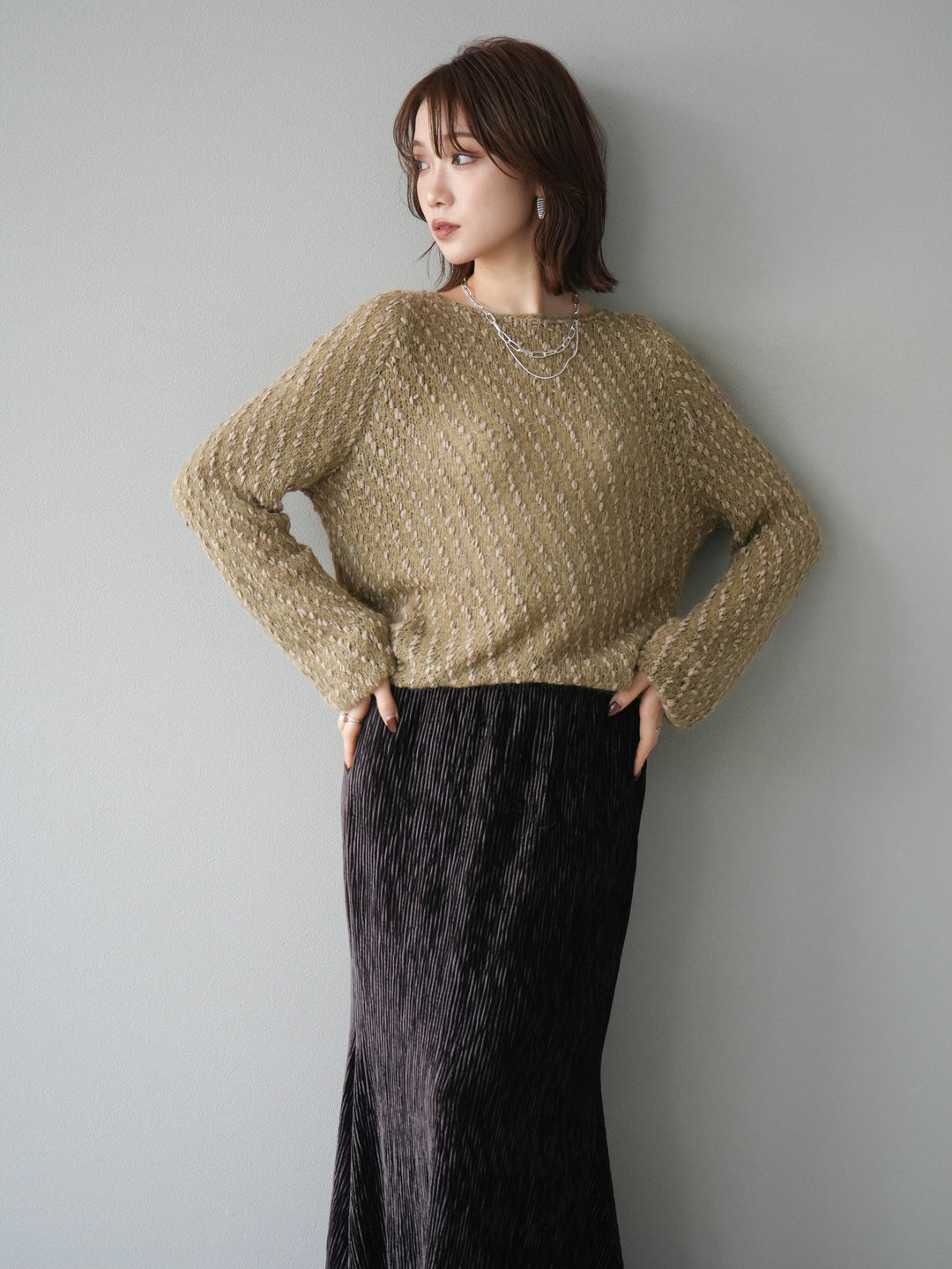 [予約]異素材ミックスヤーンニットプルオーバー/beige