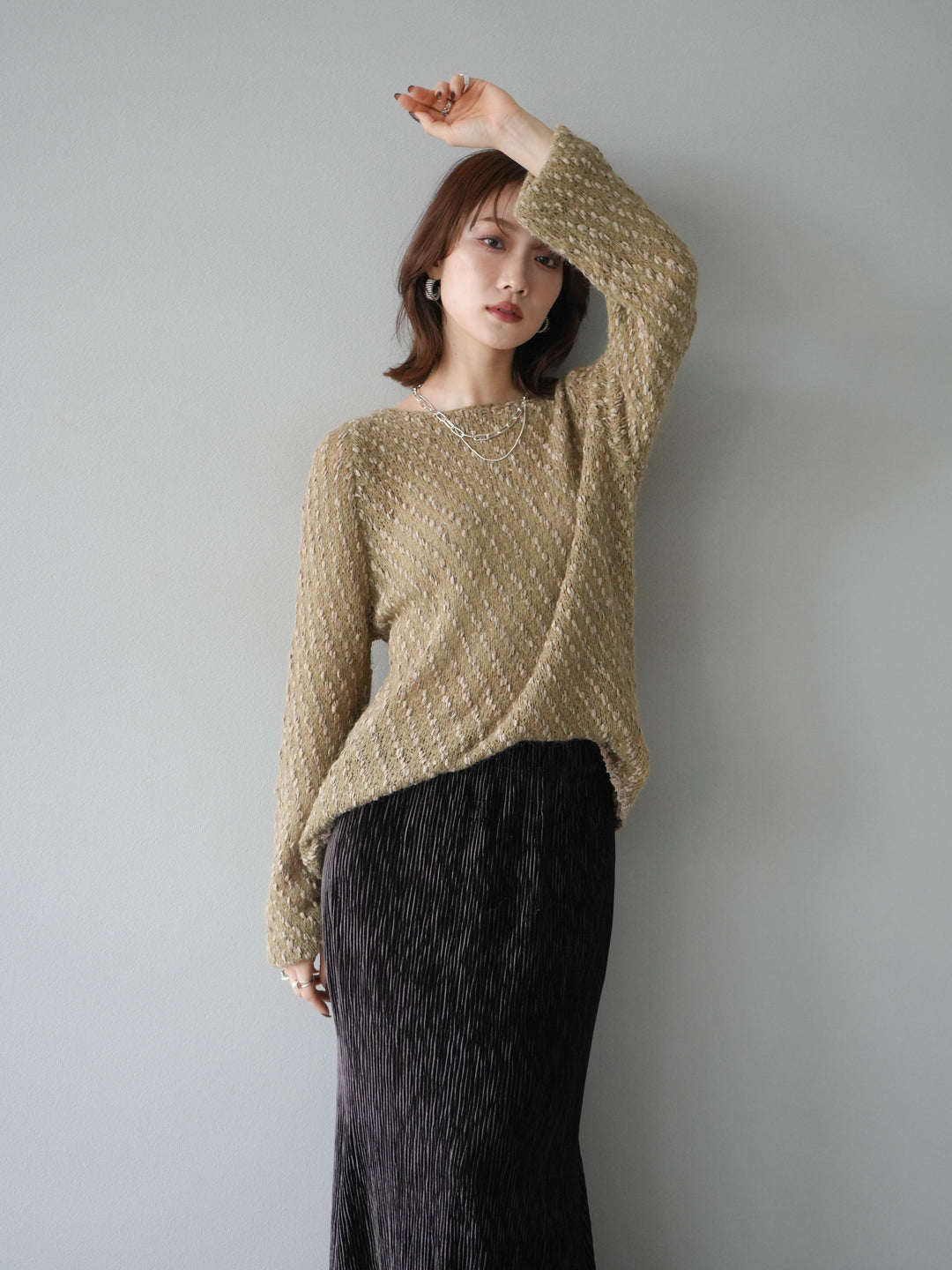 [SET]異素材ミックスヤーンニットプルオーバー+選べるアクセセット(2set)