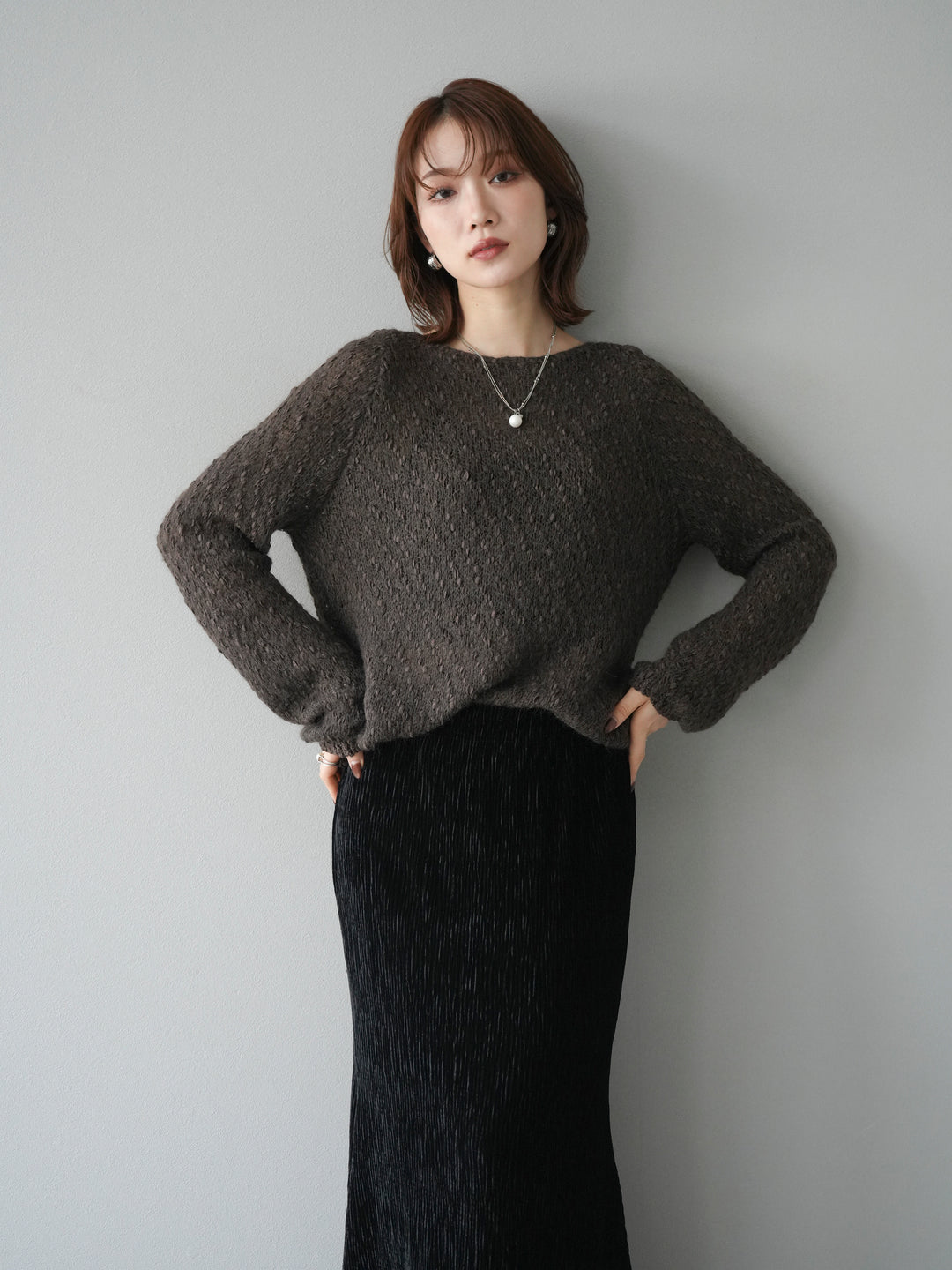 [予約]異素材ミックスヤーンニットプルオーバー/brown