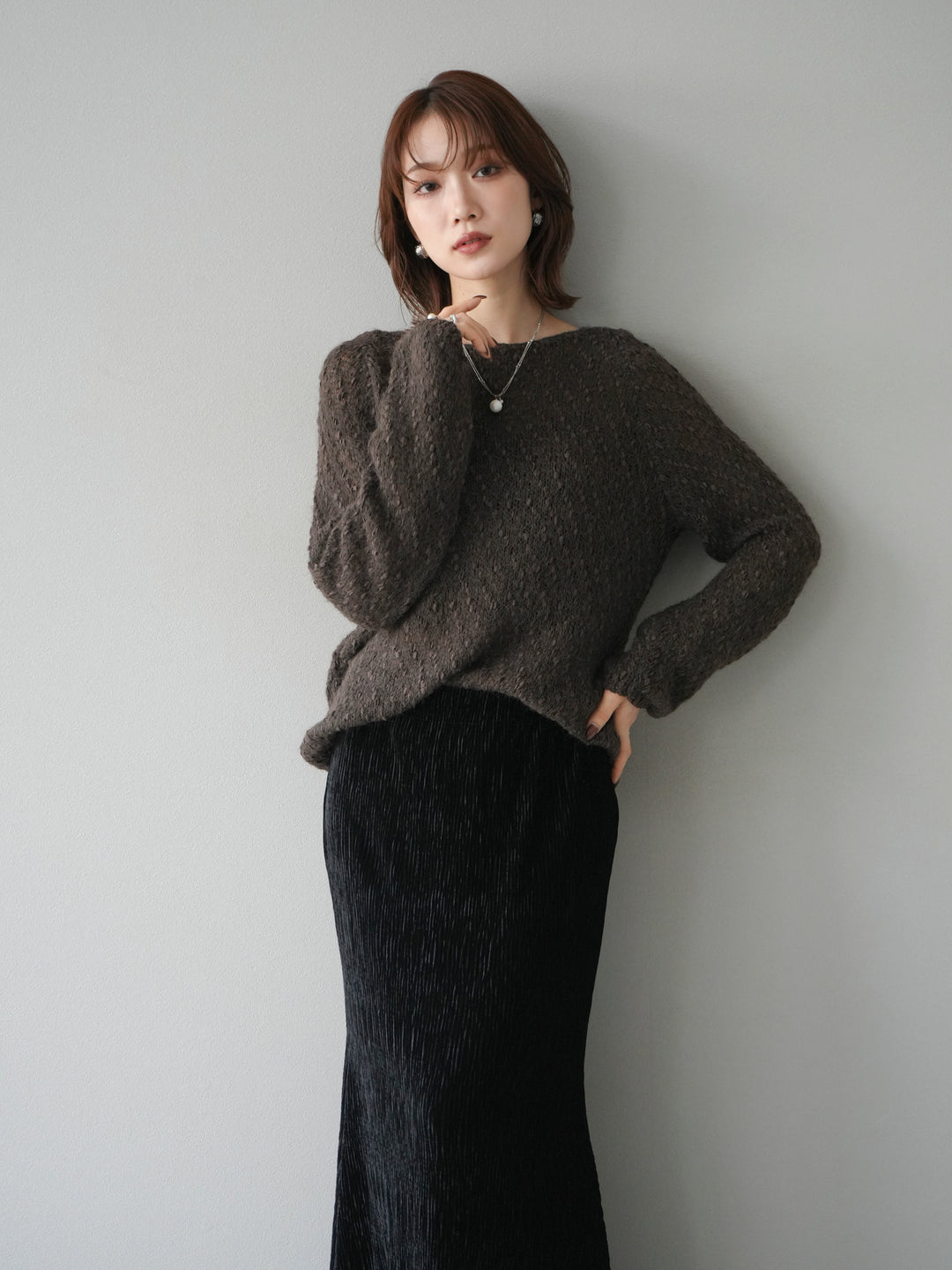 [予約]異素材ミックスヤーンニットプルオーバー/brown