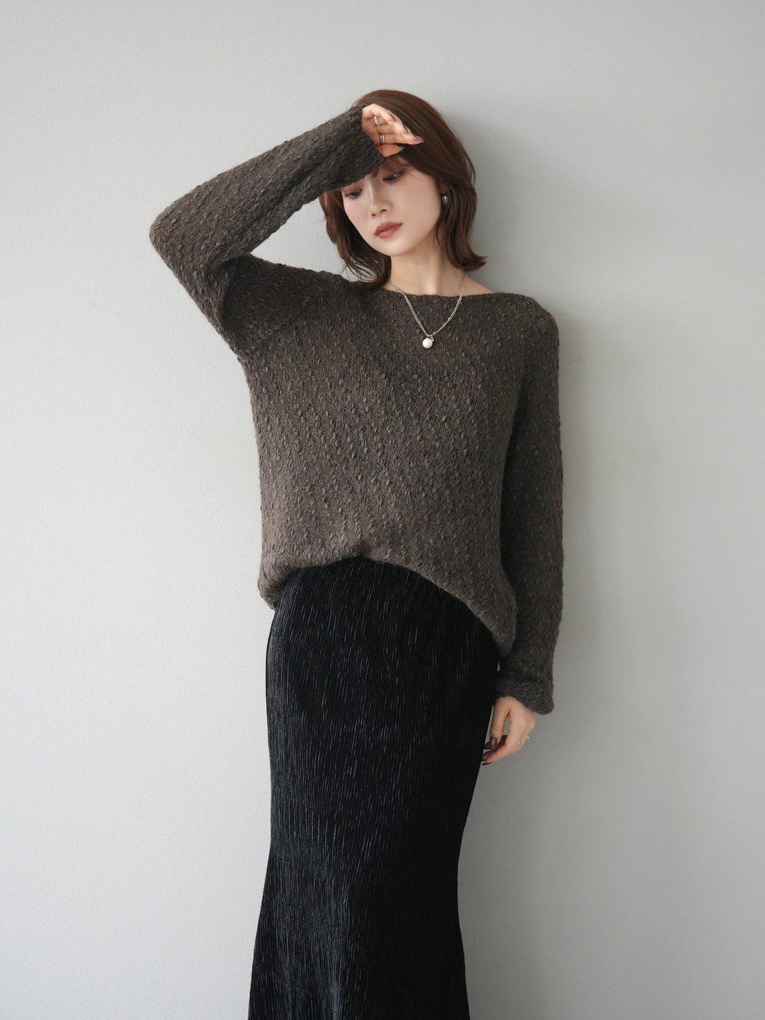 [予約]異素材ミックスヤーンニットプルオーバー/brown