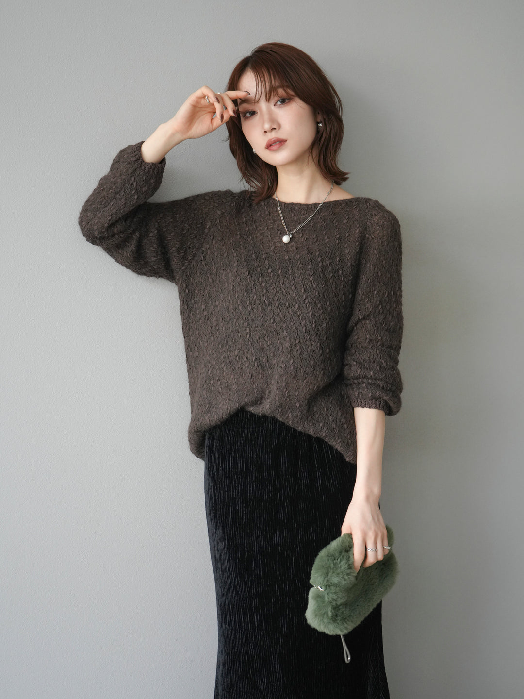 [予約]異素材ミックスヤーンニットプルオーバー/brown