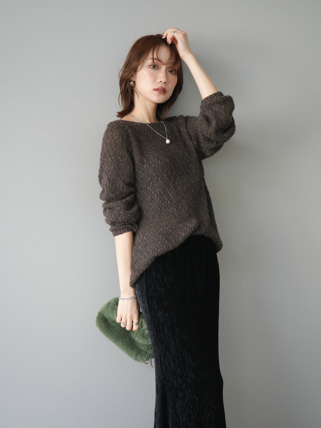 [SET]異素材ミックスヤーンニットプルオーバー+選べるアクセセット(2set)