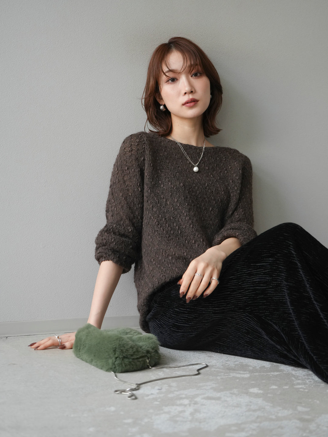 [予約]異素材ミックスヤーンニットプルオーバー/brown