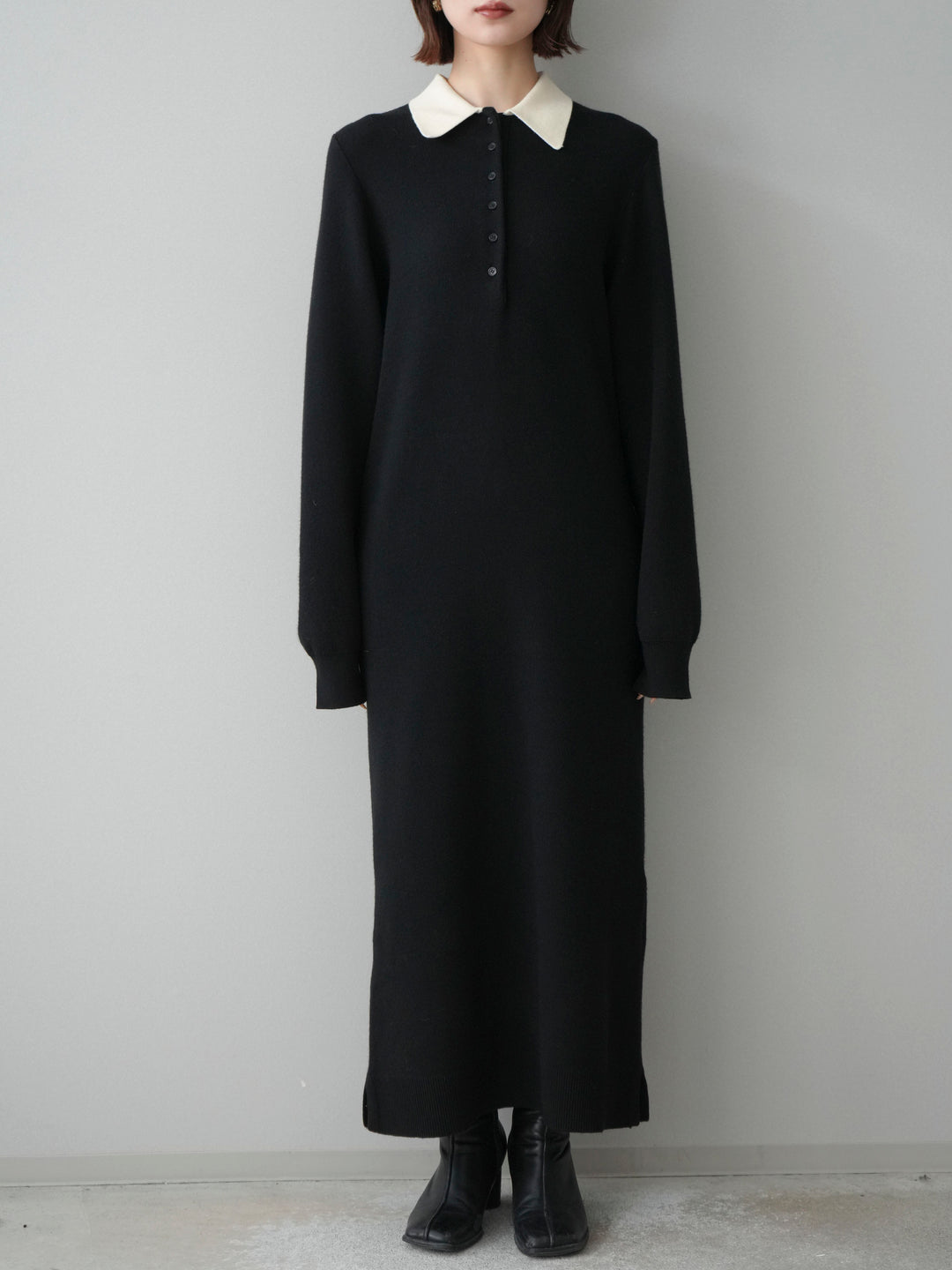 [予約]配色ポロニットワンピース/black