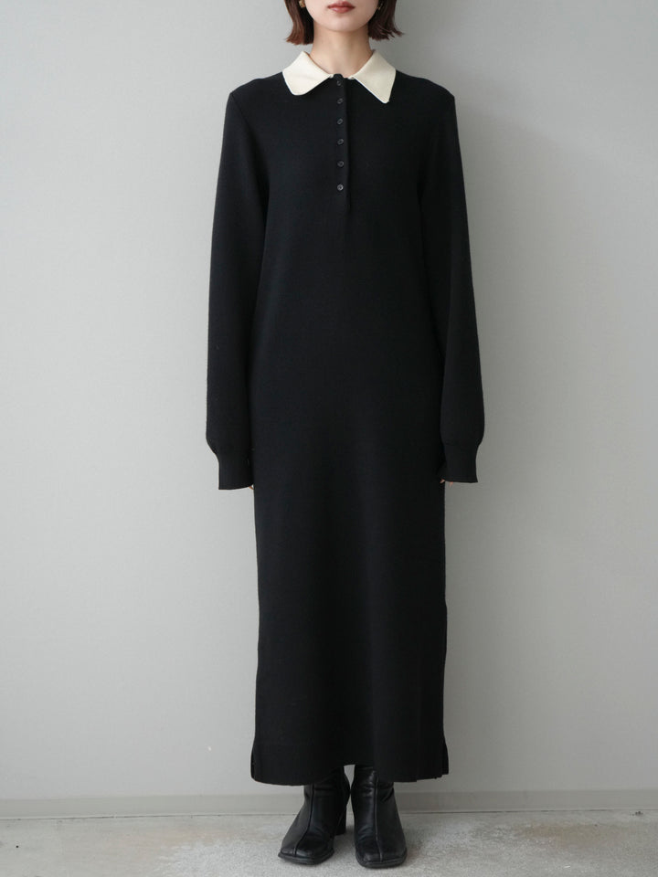 [予約]配色ポロニットワンピース/black