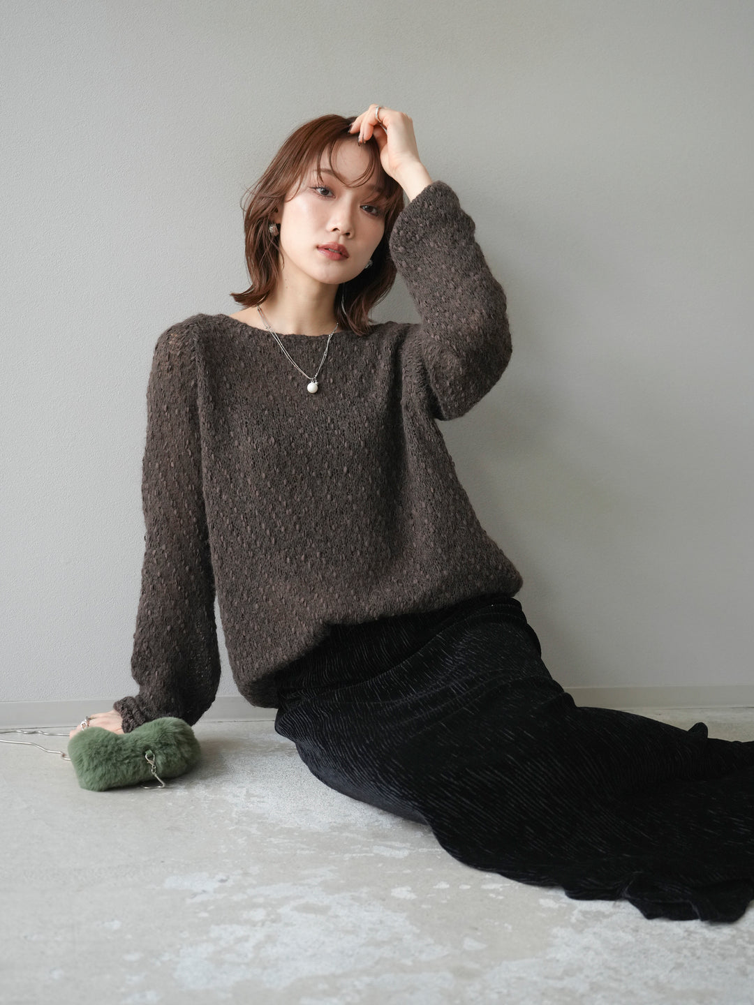 [予約]異素材ミックスヤーンニットプルオーバー/brown