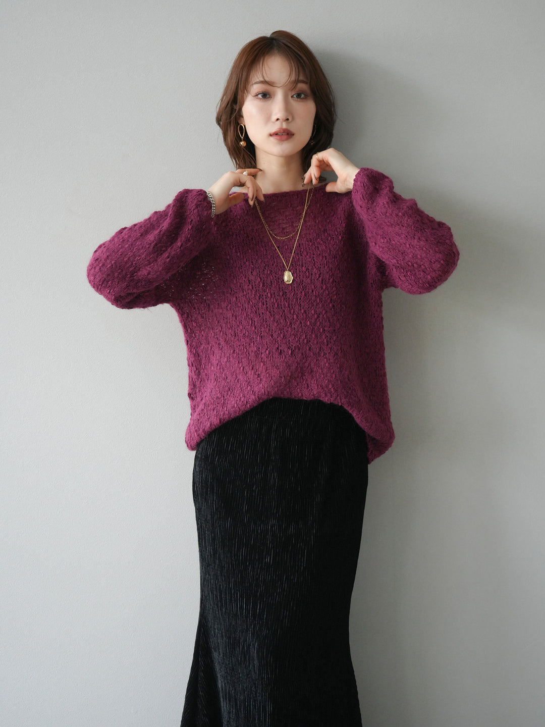 [予約]異素材ミックスヤーンニットプルオーバー/burgundy