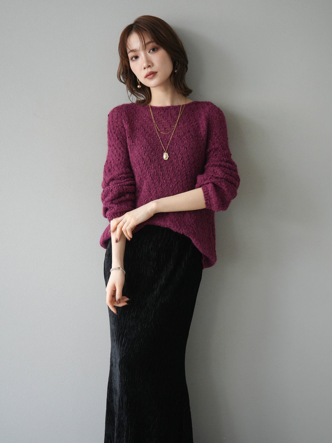 [SET]異素材ミックスヤーンニットプルオーバー+選べるアクセセット(2set)