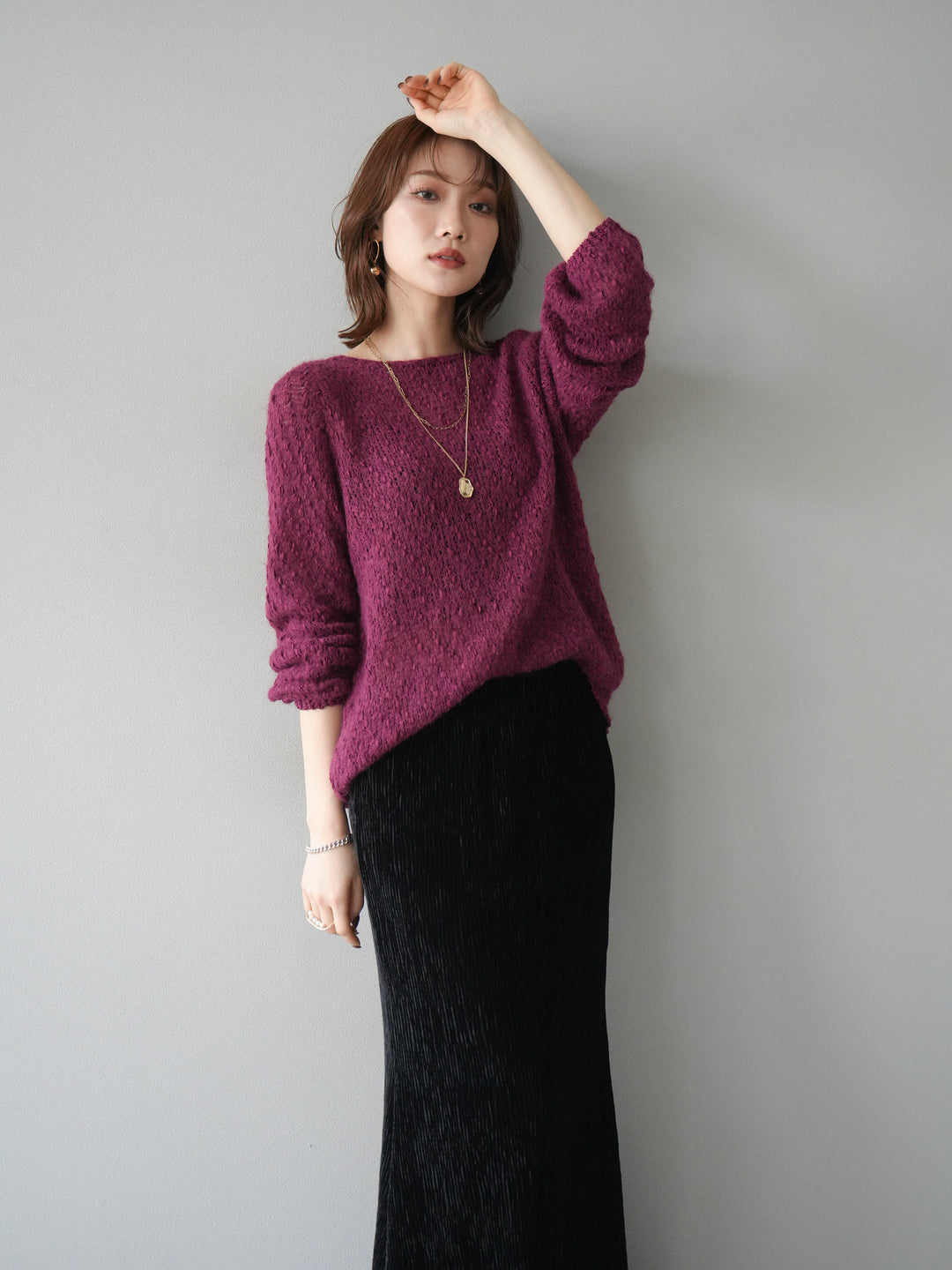 [予約]異素材ミックスヤーンニットプルオーバー/burgundy