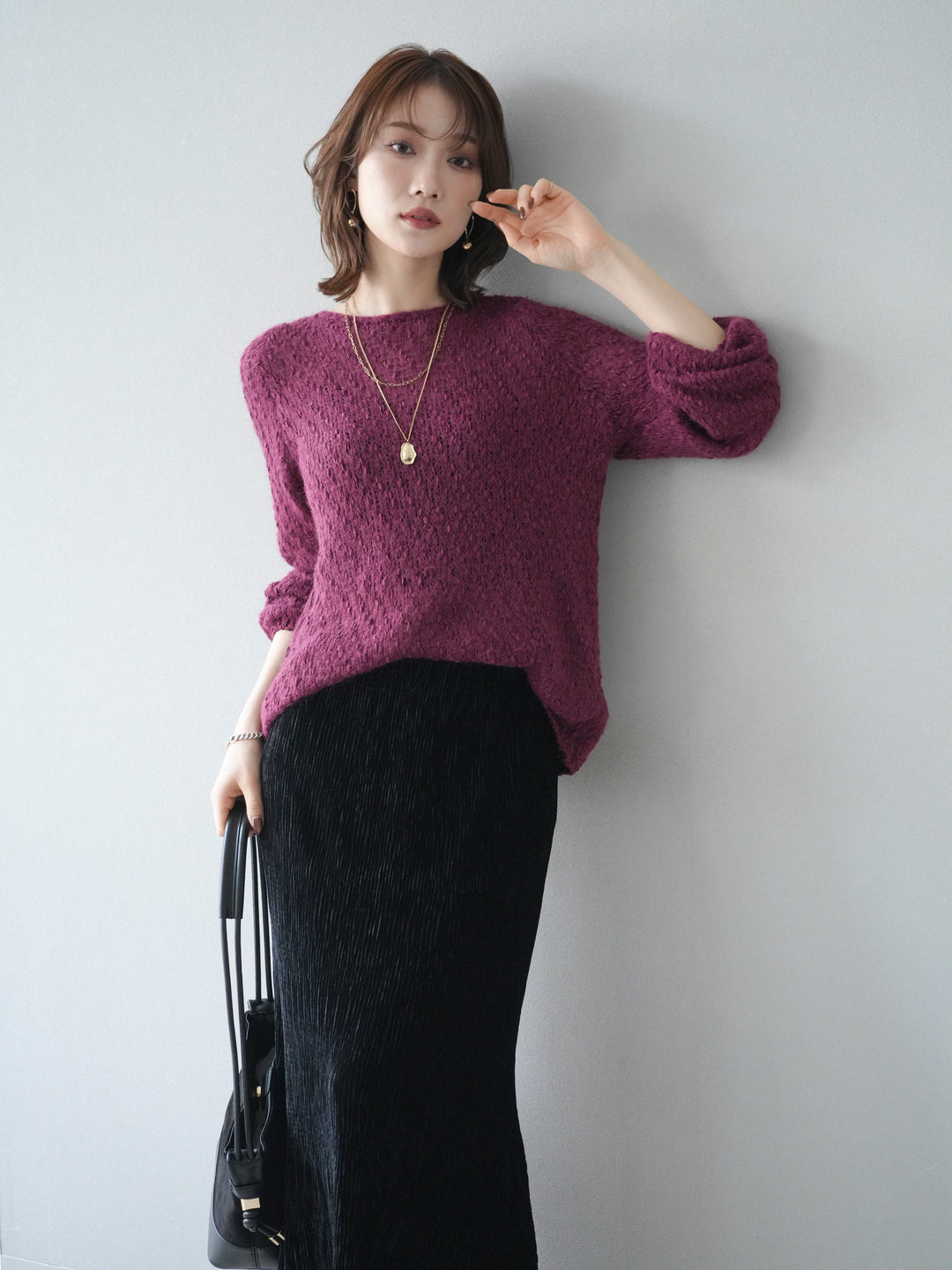 [予約]異素材ミックスヤーンニットプルオーバー/burgundy