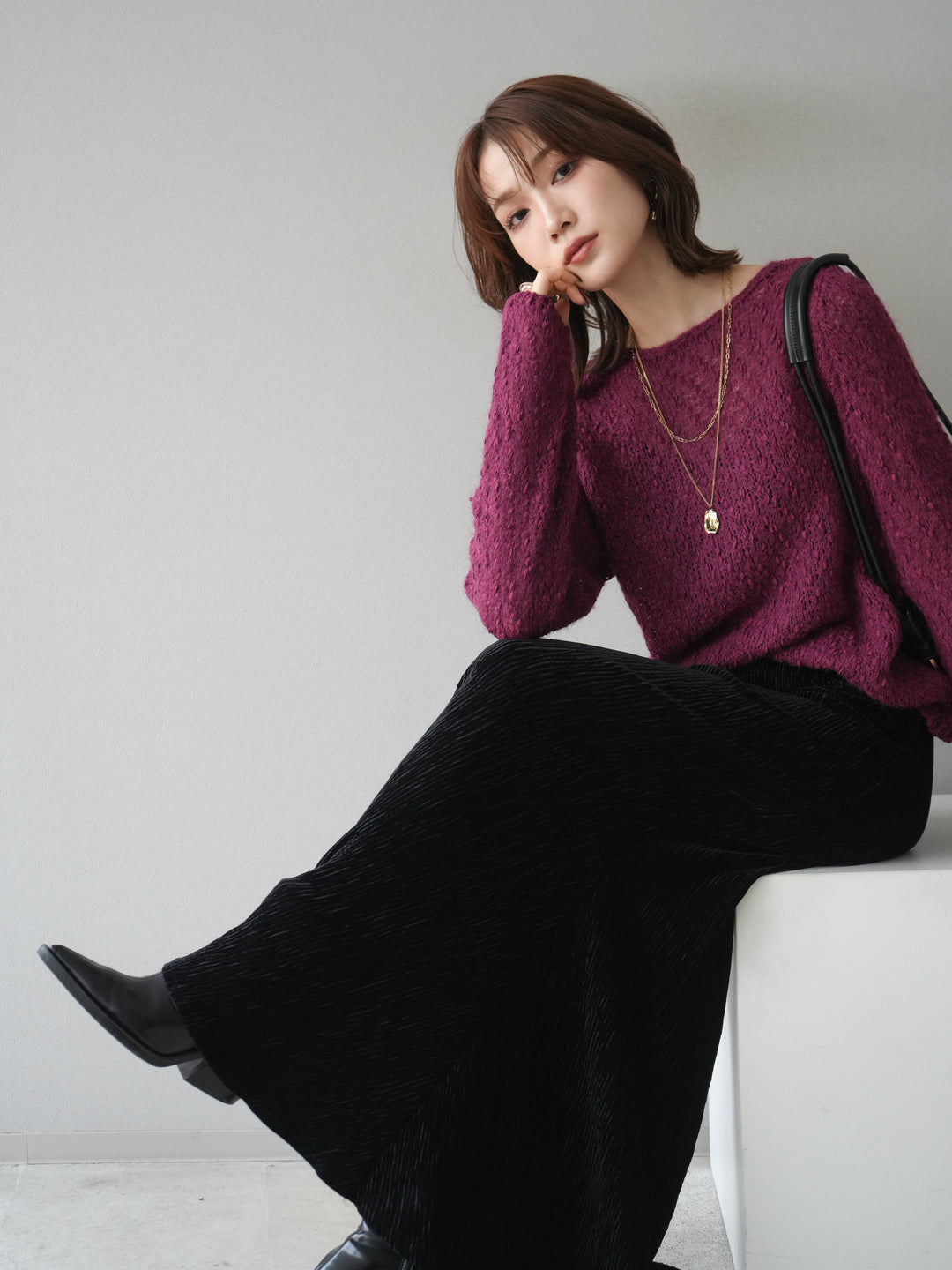 [SET]異素材ミックスヤーンニットプルオーバー+選べるアクセセット(2set)