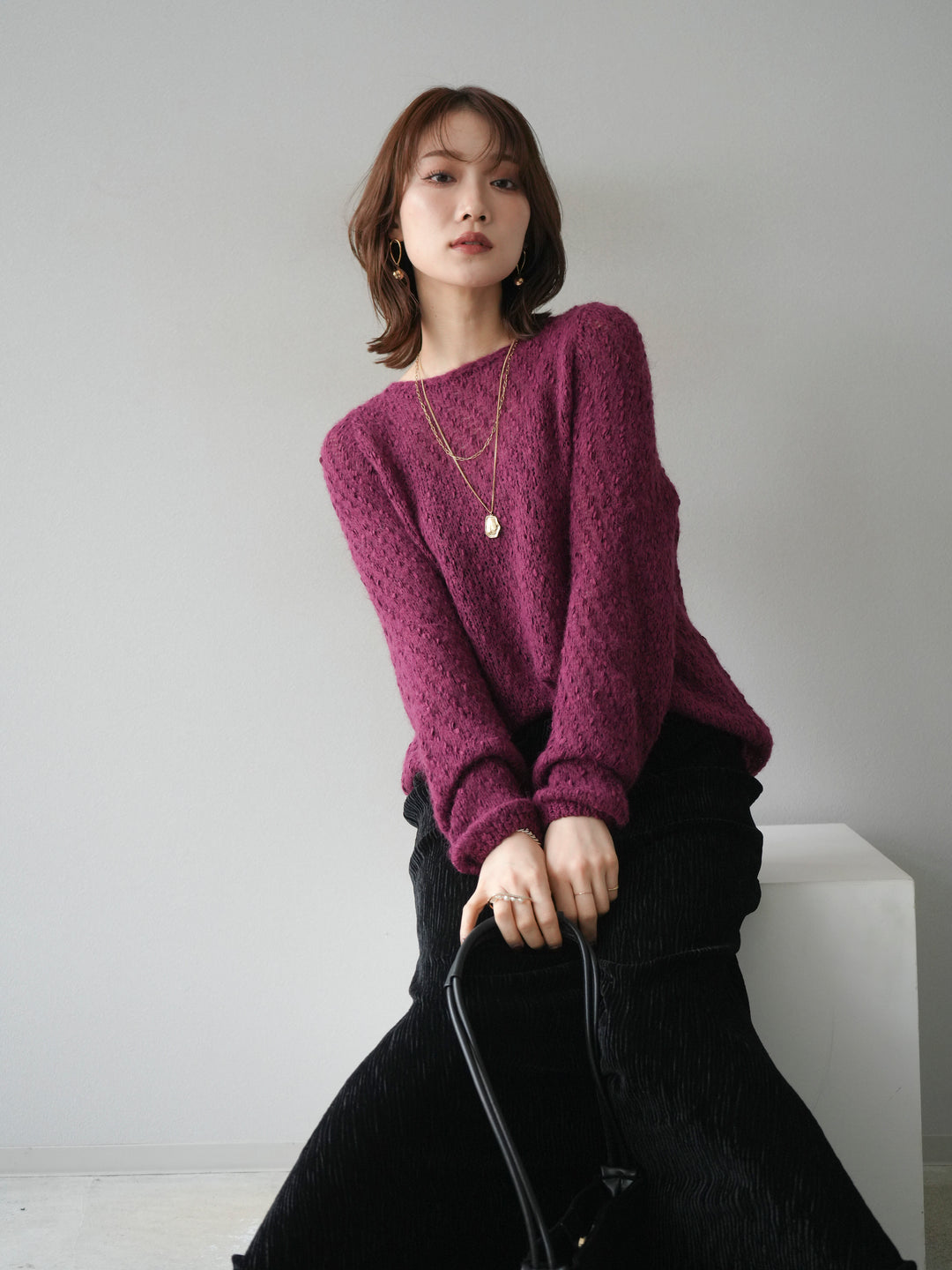 [予約]異素材ミックスヤーンニットプルオーバー/burgundy