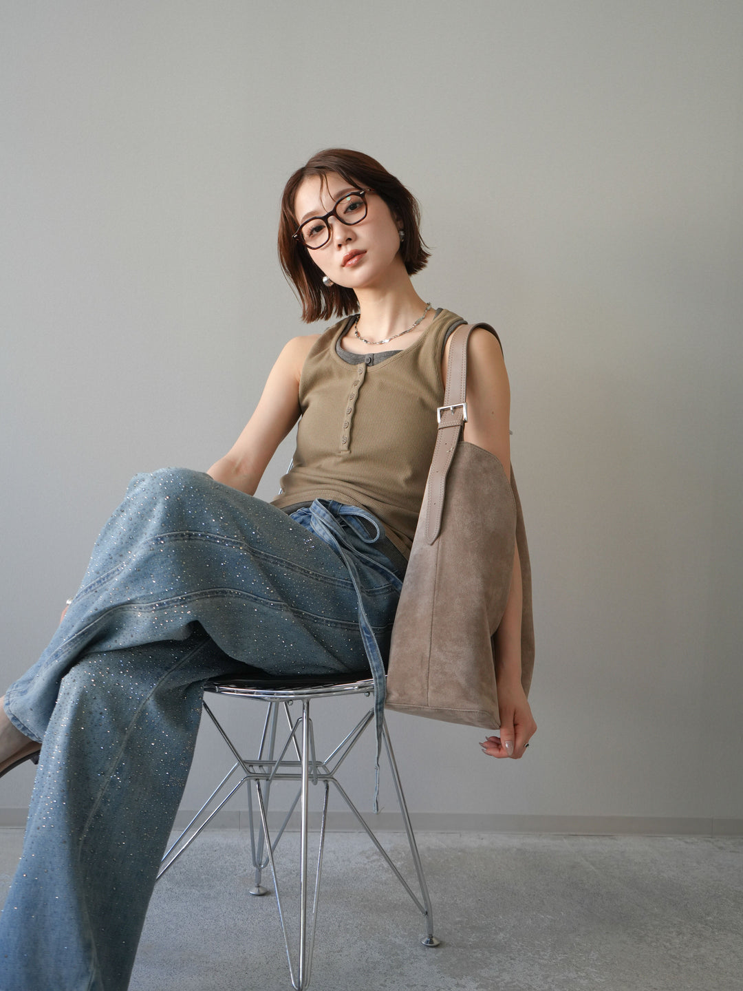 [SET]配色リブヘンリータンクトップ+ウエストベルトビジューワイドデニムパンツ(2set)