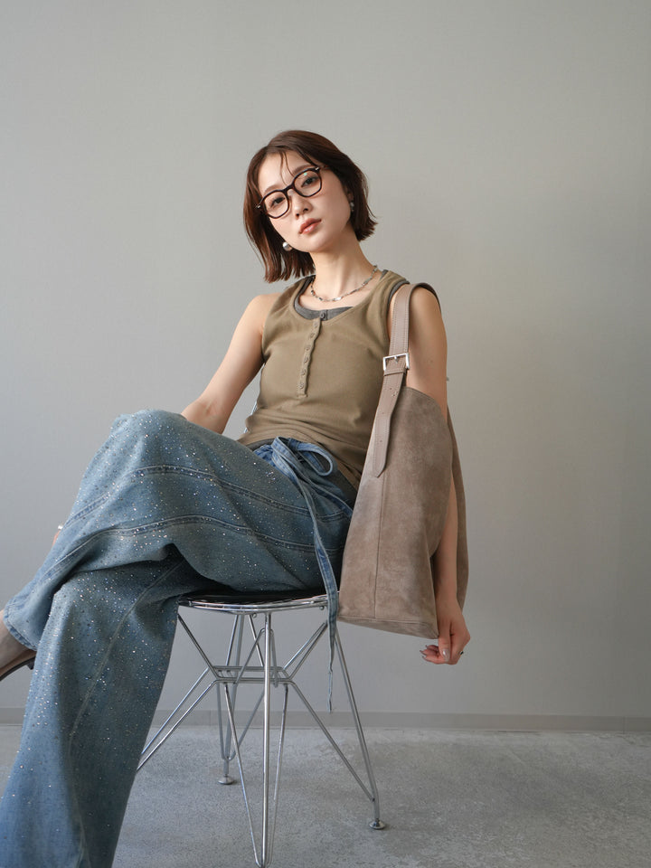 [SET]配色リブヘンリータンクトップ+ウエストベルトビジューワイドデニムパンツ(2set)