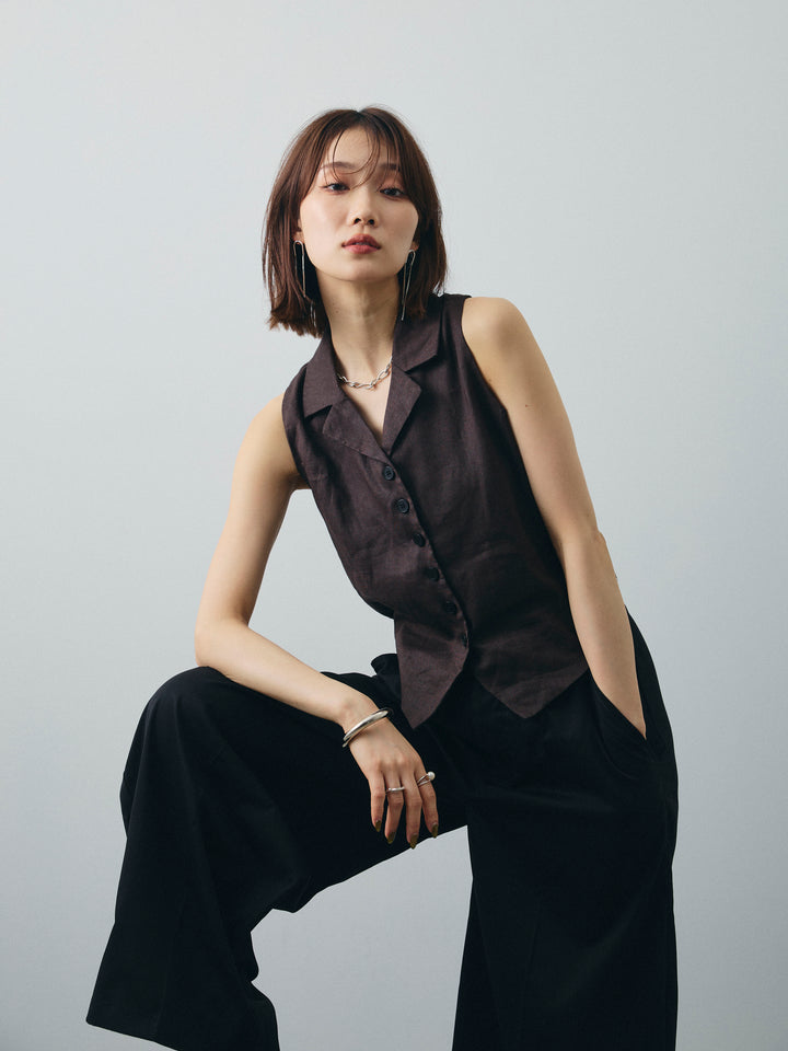 [予約]リネンライクテーラードジレ/ブラウン