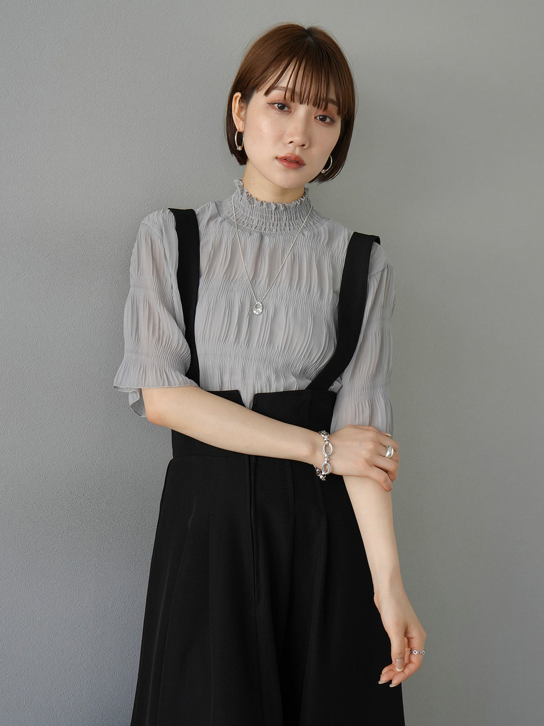 [SET] Shirring chiffon half sleeve blouse + 2WAY flare jumper skirt (2set)