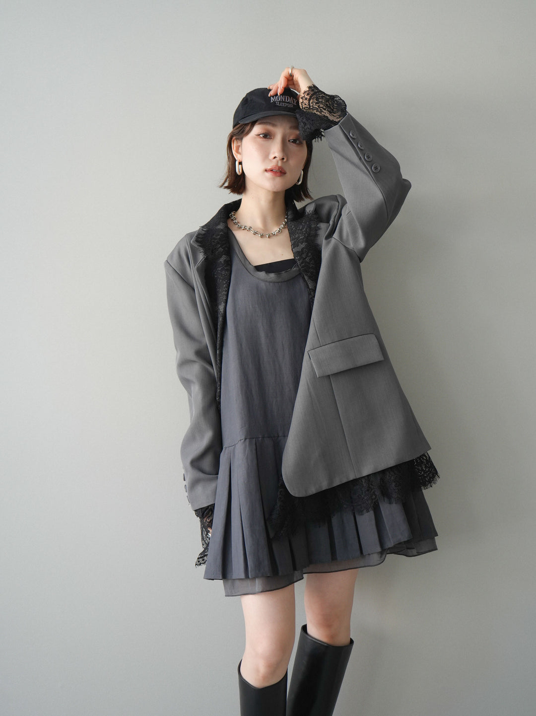 [予約]チュールドッキング裾プリーツミニワンピース/charcoal