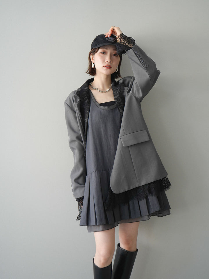 [予約]チュールドッキング裾プリーツミニワンピース/charcoal