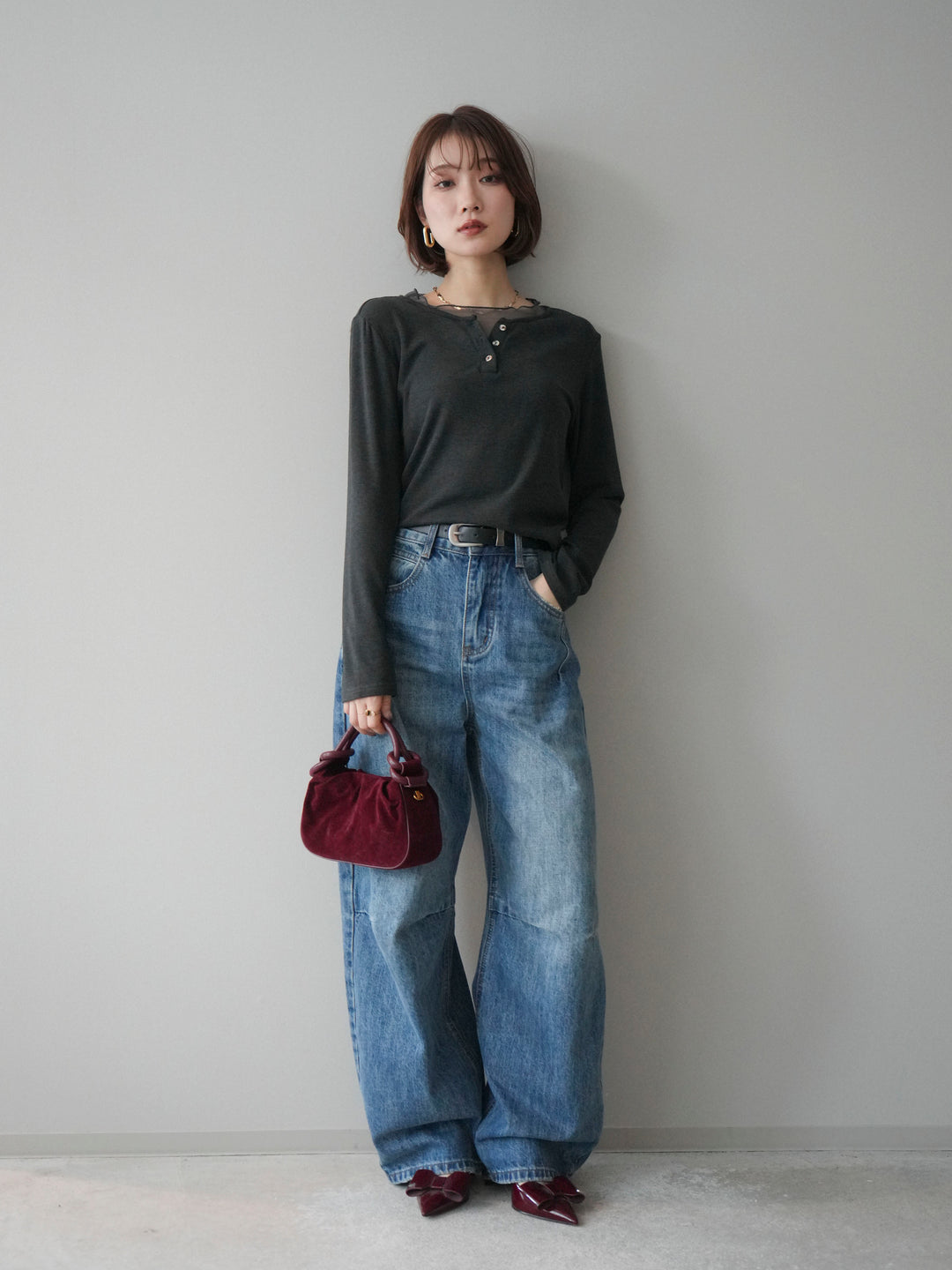 [予約]チュールレイヤードヘンリーネックカットソー/charcoal