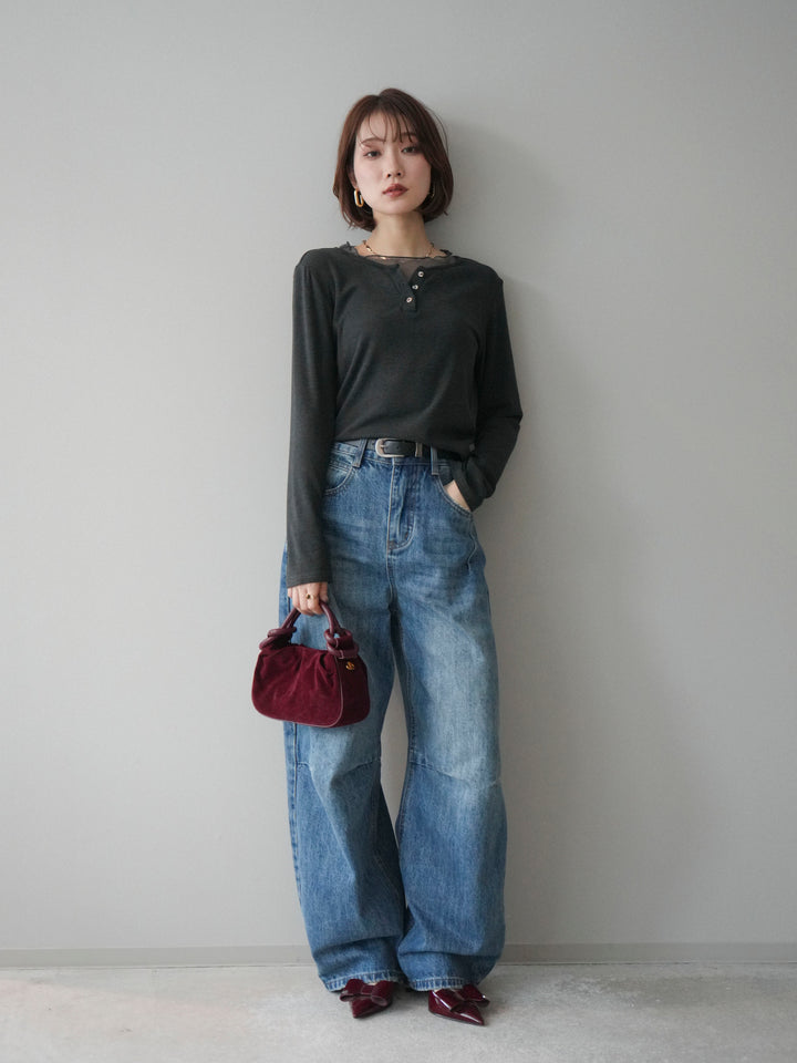 [予約]チュールレイヤードヘンリーネックカットソー/charcoal