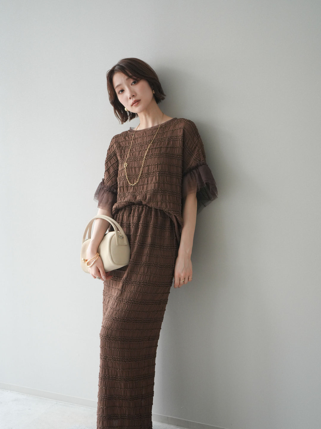 [SET]チュール袖リップルトップス+リップルIラインスカート(2set)