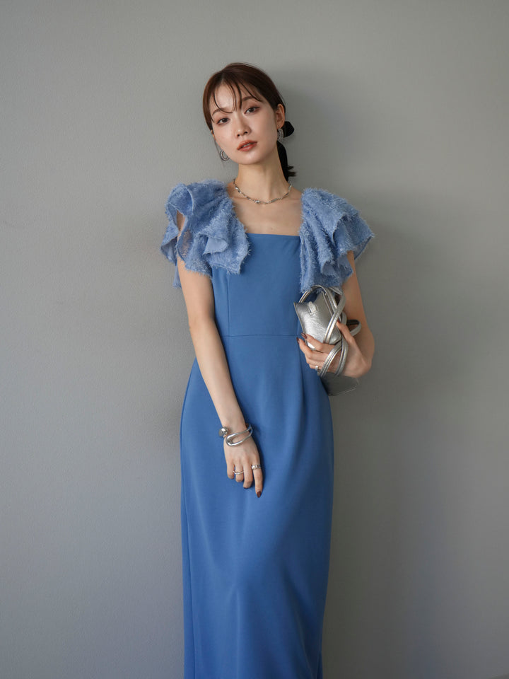 [予約]ジャガードフレアスリーブドレス/ブルー