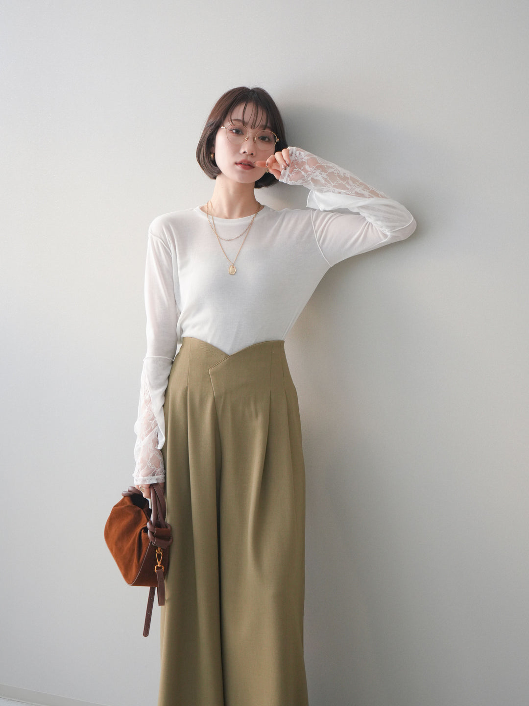 [SET]袖レースレイヤードデザインメロートップス+選べるアクセセット(2set)