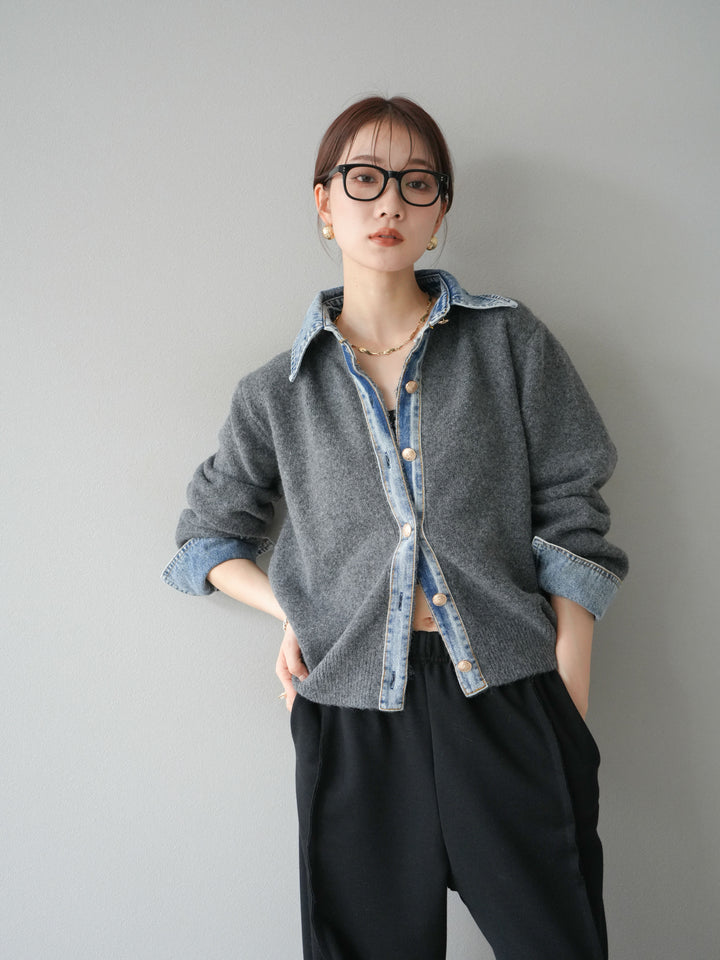 【着回しセット】[SET]デニム襟ボタンニットカーディガン+デニム襟ボタンニットカーディガン+2WAYデザインスウェットパンツ(3set)