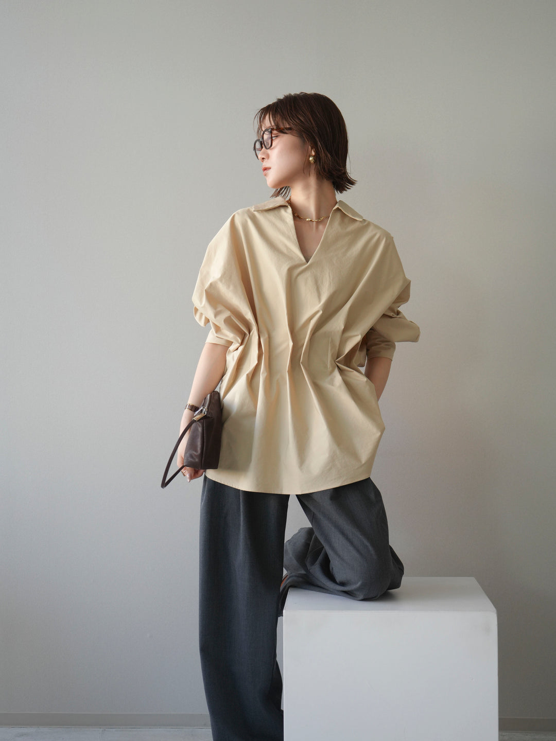 [予約]ウエストギャザースキッパーシャツ/beige