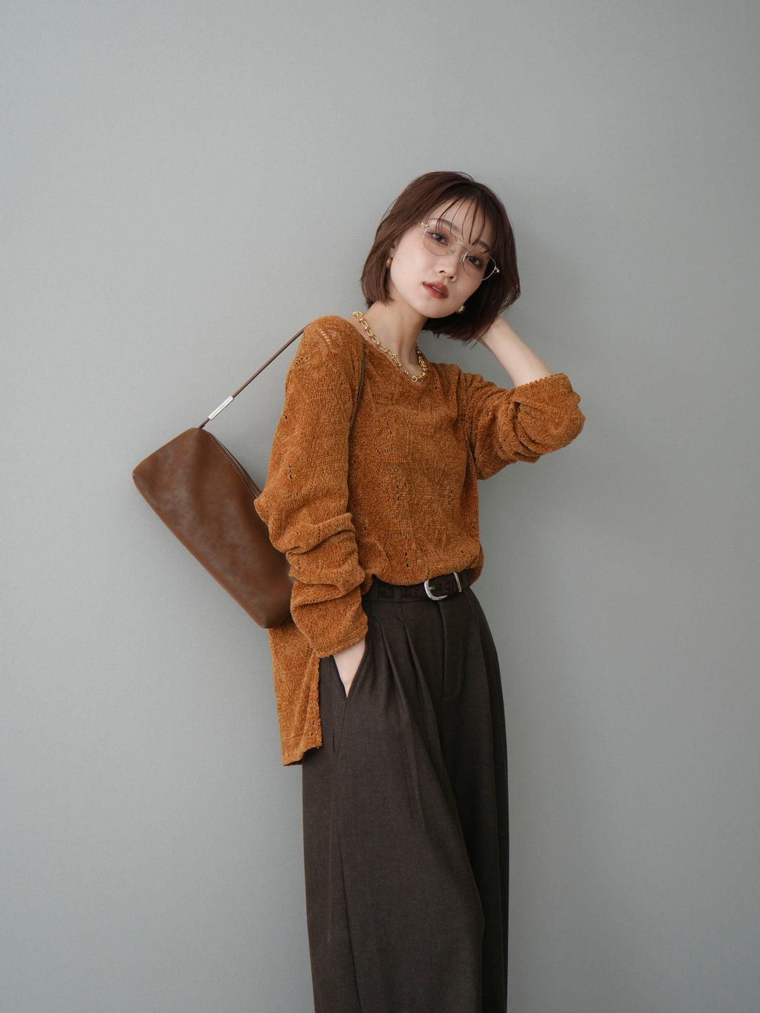 [予約]モール透かし編みニットトップス/camel