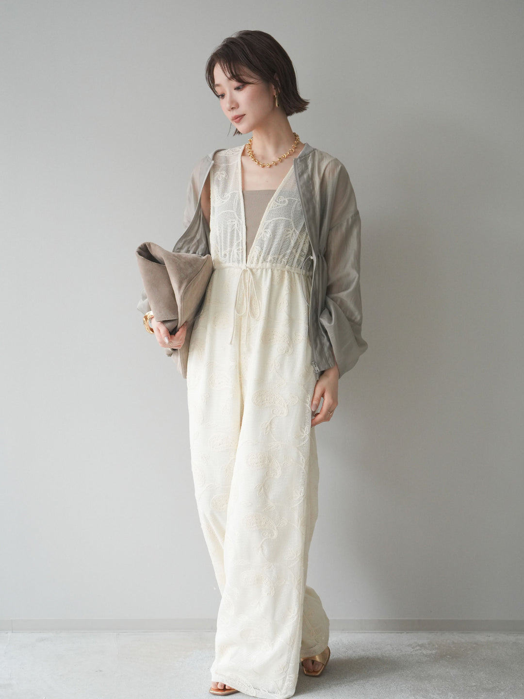 [SET]レース刺繍サロペット+ドロストシアーブルゾン(2set)