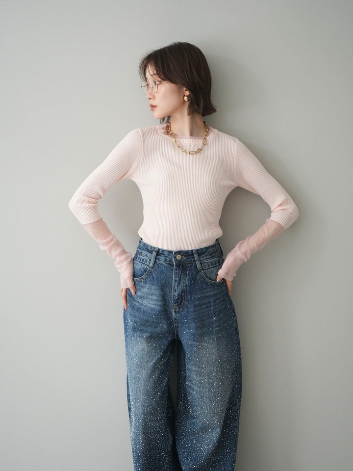 [SET]リブラメシアー切替リブニットトップス+ラインストーンカーブデニムパンツ(2set)