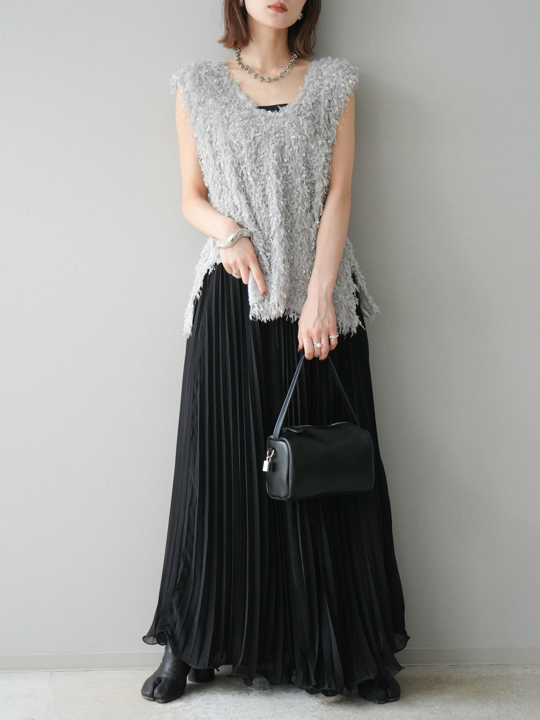 [予約]シフォンプリーツパイピングスカート/ブラック
