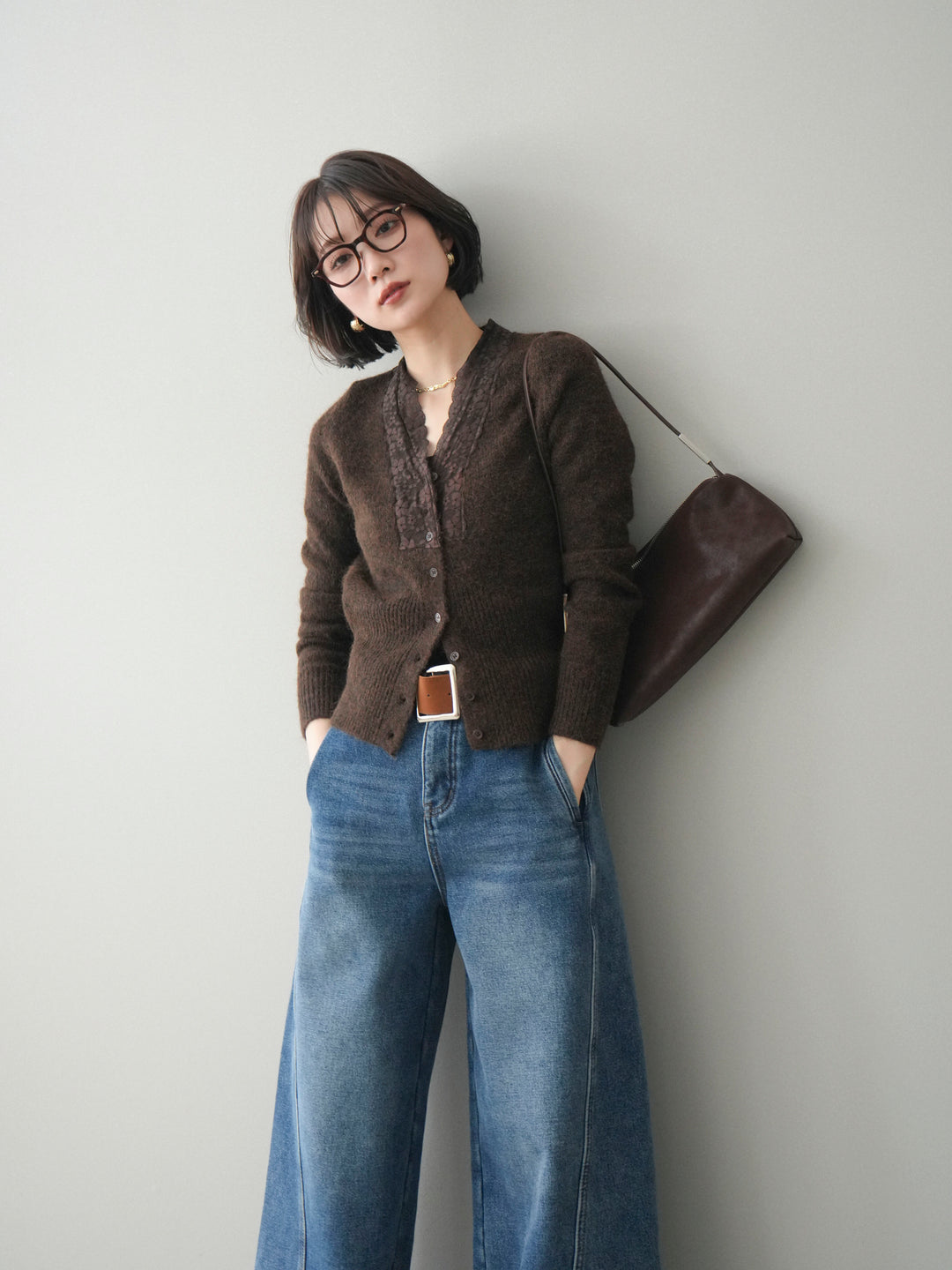 [SET]レースネックコンパクトニットカーディガン+選べるアクセセット(2set)