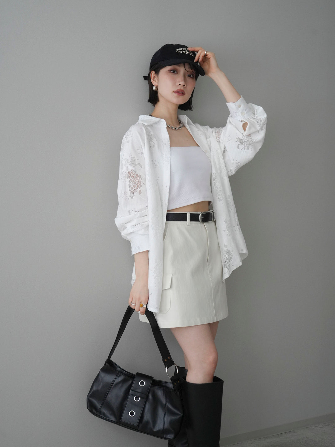 【套裝】提花蕾絲罩衫+繫帶工裝迷你裙（兩件套）