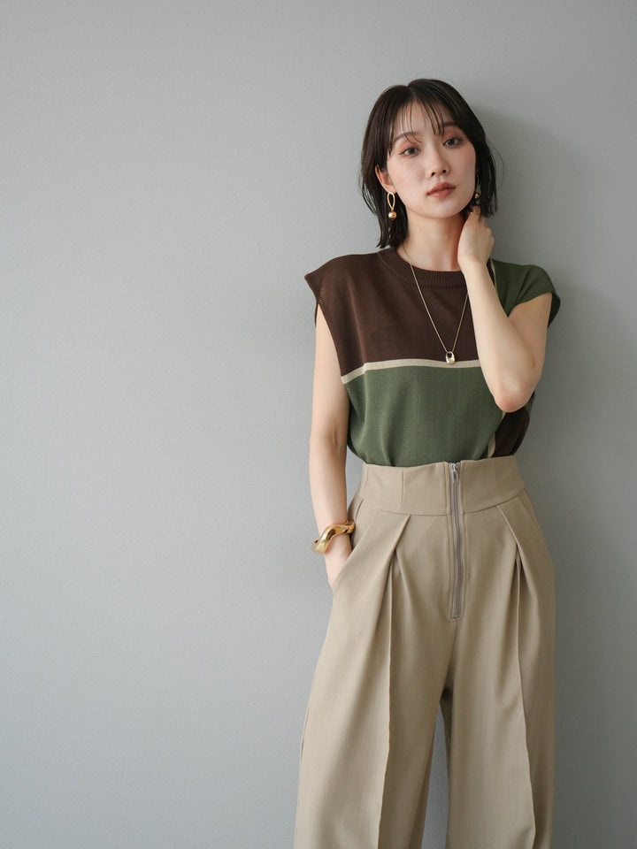 [予約]配色ノースリーブニットプルオーバー/ブラウン