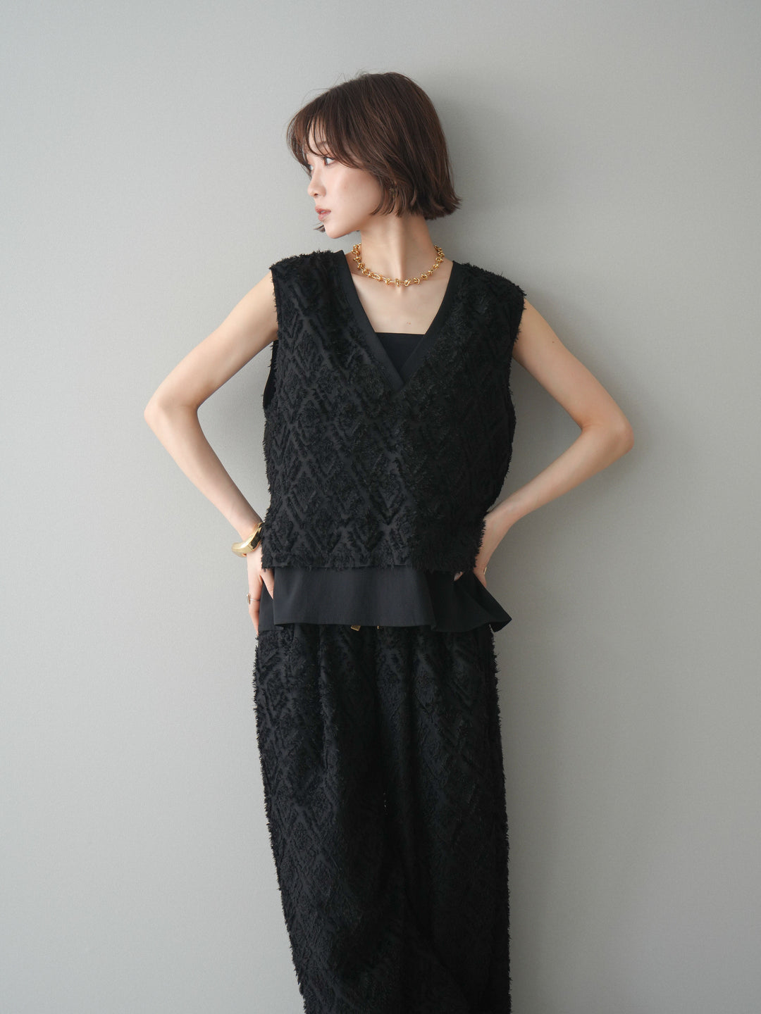 [SET]フリンジレイヤードVネックノースリーブ+フリンジイージーストレートパンツ(2set)