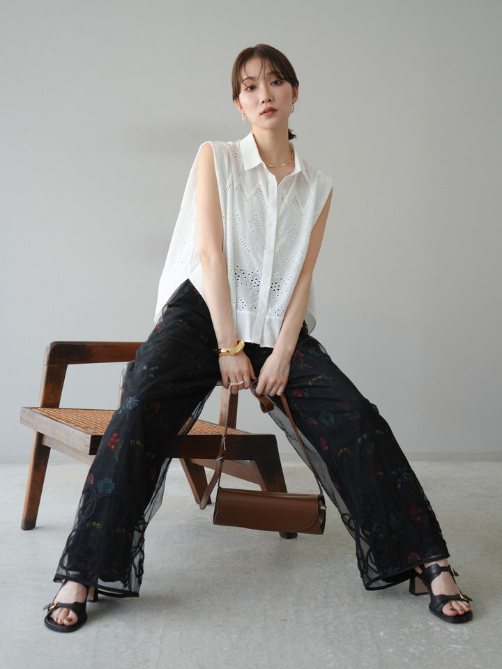 [予約]エンブロイダリーレースタックショルダーブラウス/ホワイト